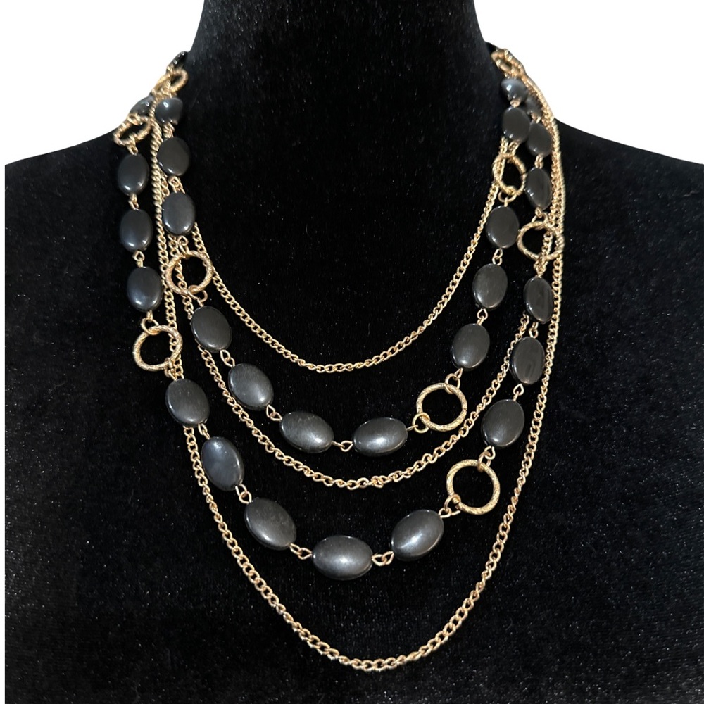 Multi Strand Necklace Gold Tone Chain Black Beaded Statement